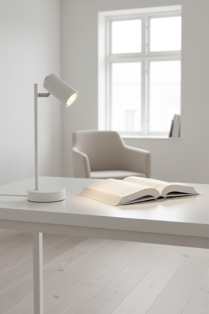 Lámpara sobremesa foco orientable blanca GU10 Robby Globo Lighting en escritorio nórdico