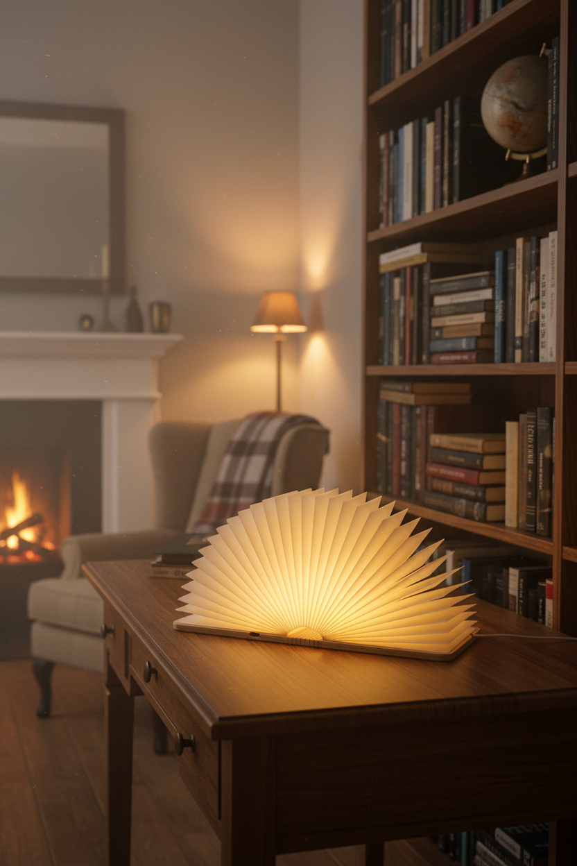 Lámpara sobremesa diseño libro álbum LED USB-C madera Strühm encendida en escritorio con libros