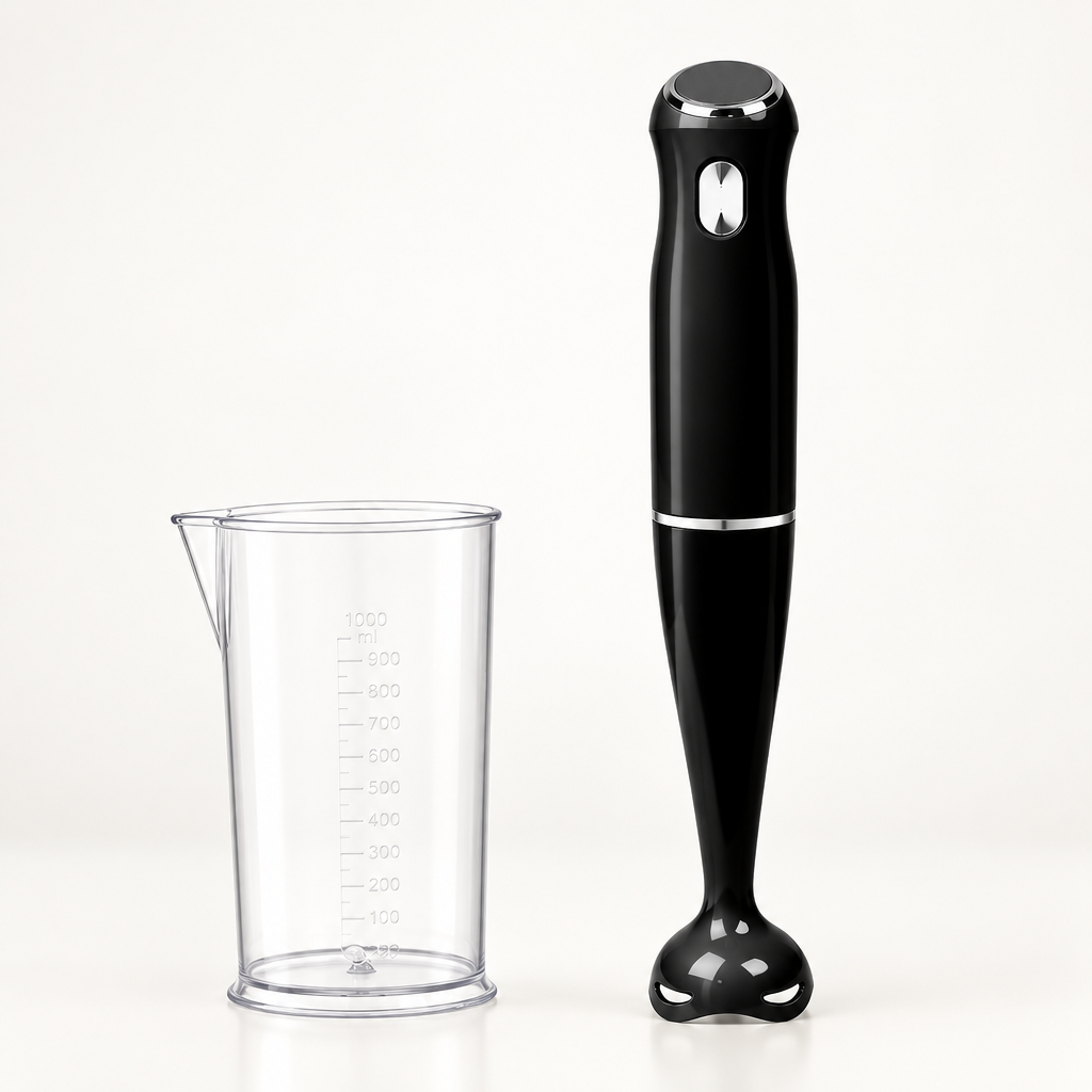 Batidora de mano Tigris negra de 1000 W con vaso mezclador sobre una superficie clara