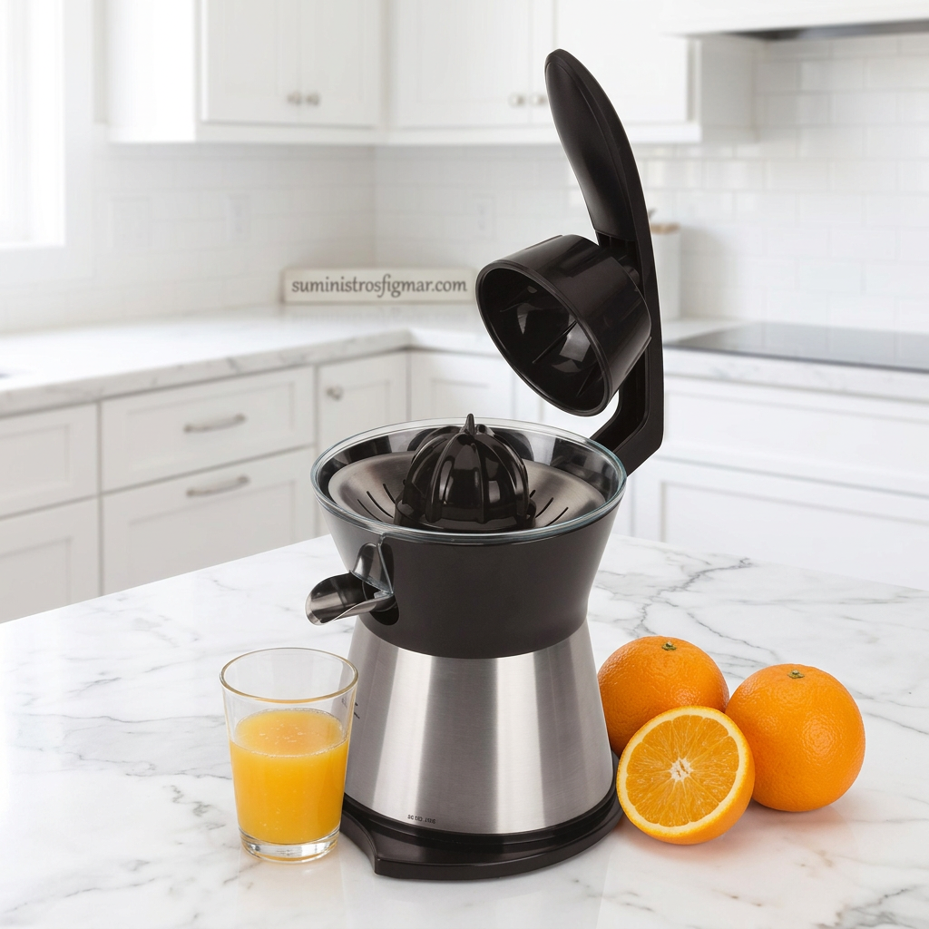 Exprimidor Jata JEEX1712 con naranjas en cocina blanca, escena ilustrativa.