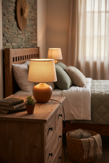 Lámpara sobremesa base esférica madera lino beige E14 Luxor Trio Lighting en dormitorio rústico