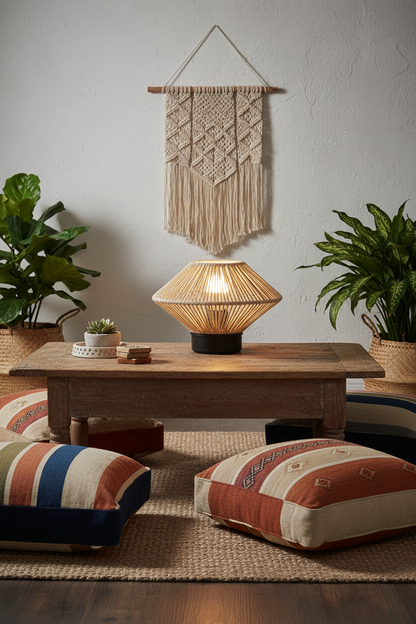 Lámpara sobremesa cordón seda arena tejida Laos Jueric encendida en salón boho mediterráneo