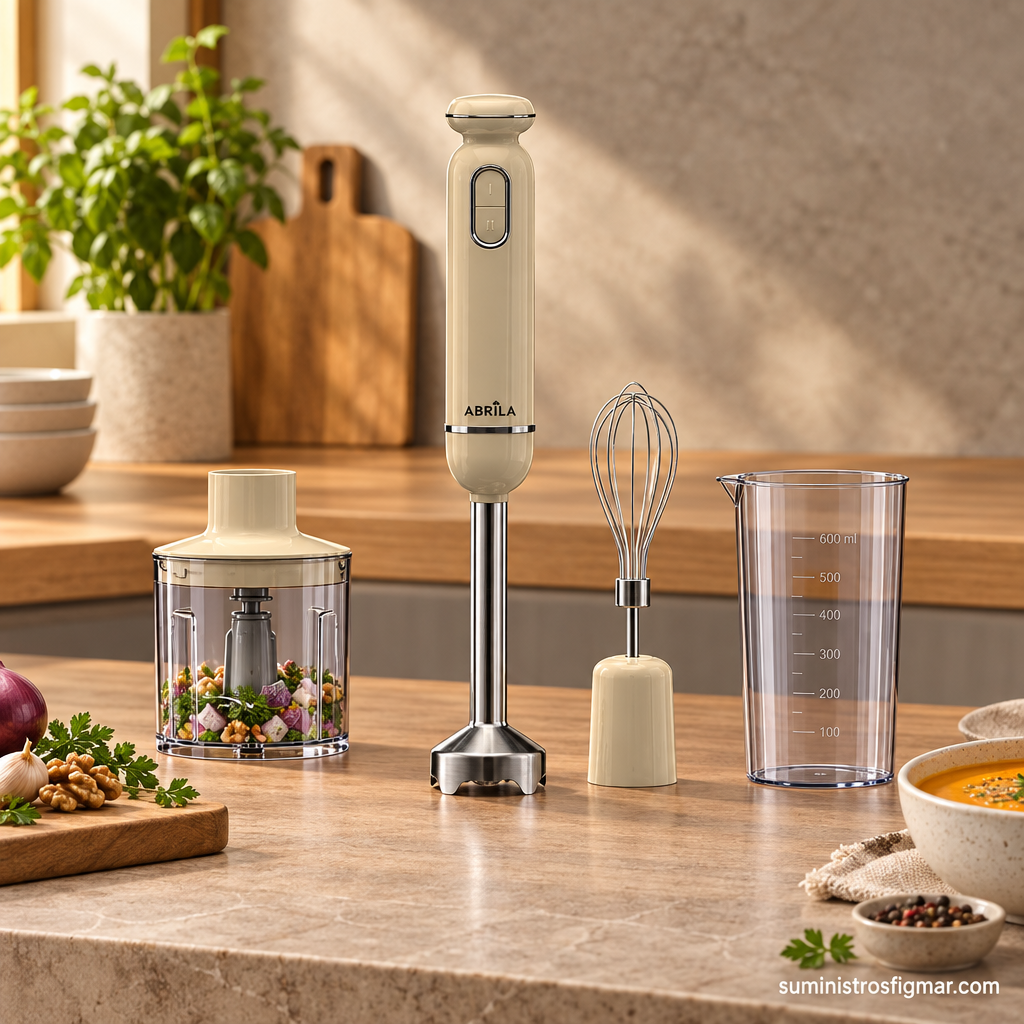 Batidora de mano Kent beige de 600 W junto al vaso mezclador, picadora y batidor de varillas, imagen de Suministros Figmar