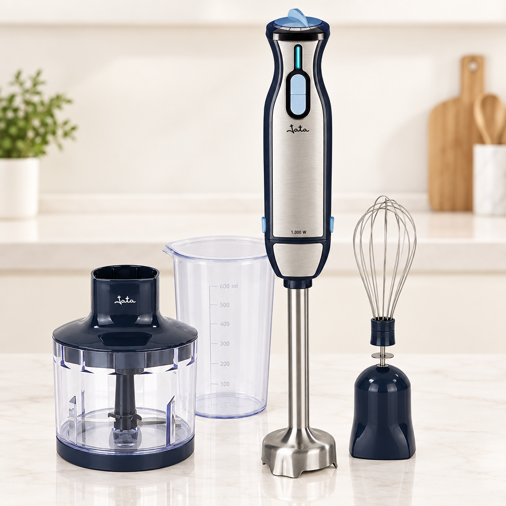 Batidora de mano JATA 1000 W con batidor, picadora y vaso medidor sobre una encimera clara