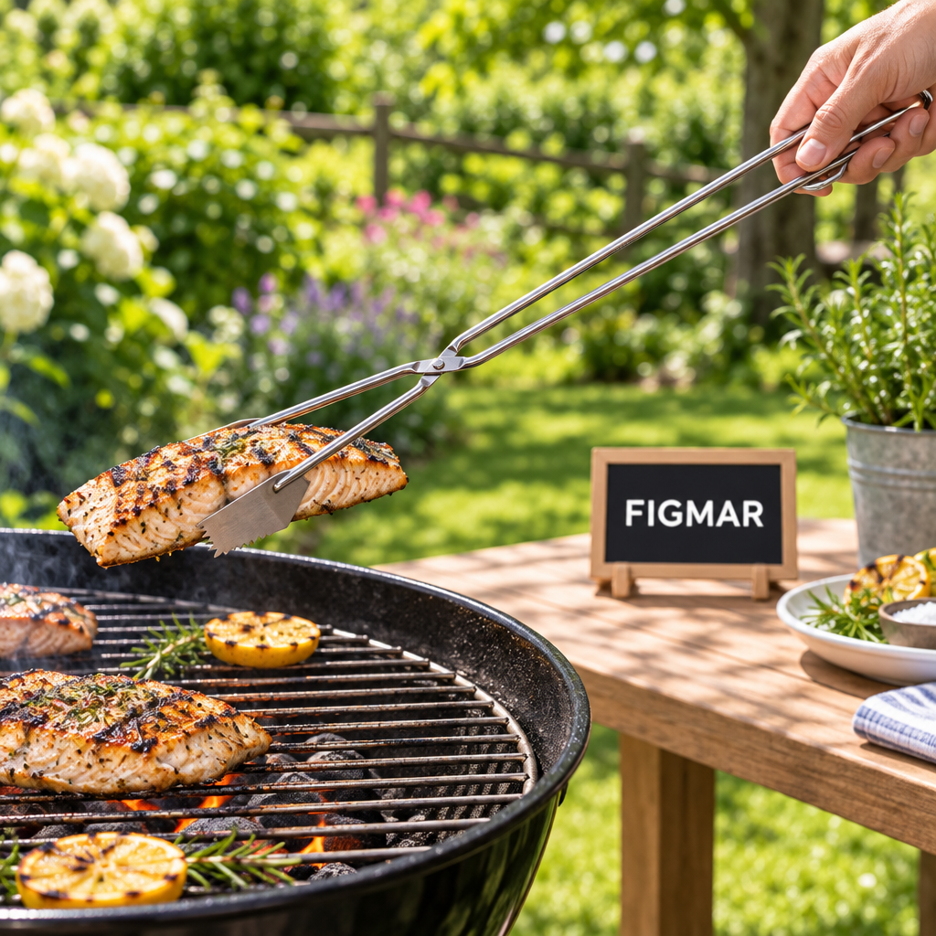 Escena ilustrativa de pinza inoxidable de barbacoa Sauvic 4470 manejando pescado en jardín con cartel Figmar