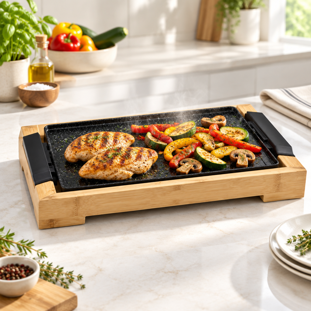 Plancha Ozuki negra y bambú de 2000 W cocinando pollo, pimientos, calabacín y champiñones, imagen de Suministros Figmar