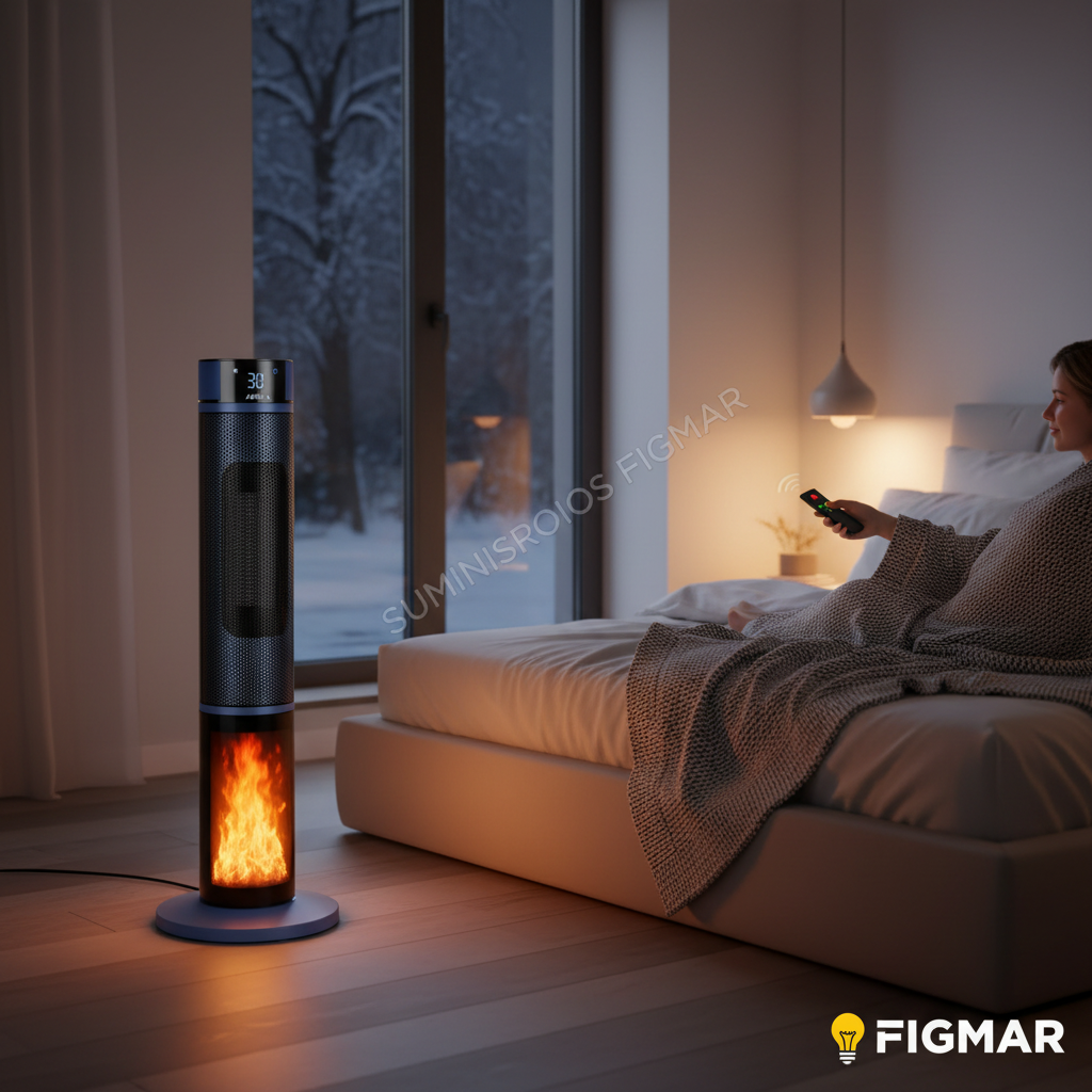 Termoventilador Torre Everton 2000W Azul/Negro en dormitorio - Suministros Figmar