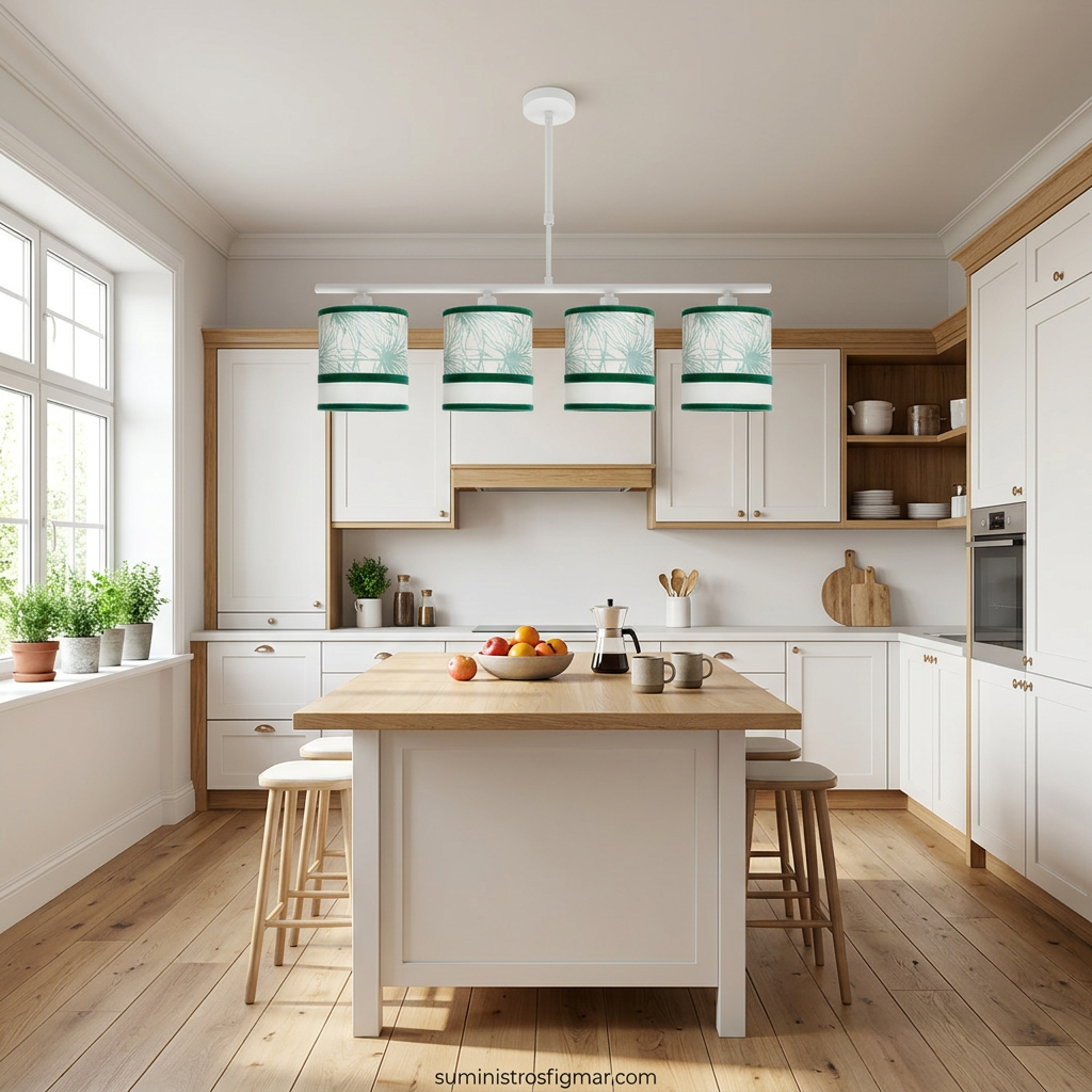 Recreación de lámpara Caledonia de 75 cm y cuatro pantallas textiles en una cocina
