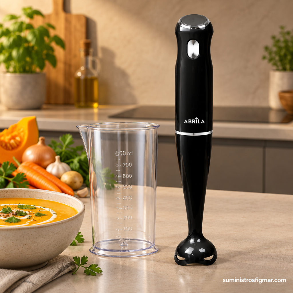 Batidora de mano Tigris negra de 1000 W junto a su vaso mezclador en una cocina moderna, imagen de Suministros Figmar