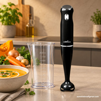 Batidora de mano Tigris negra de 1000 W junto a su vaso mezclador en una cocina moderna, imagen de Suministros Figmar