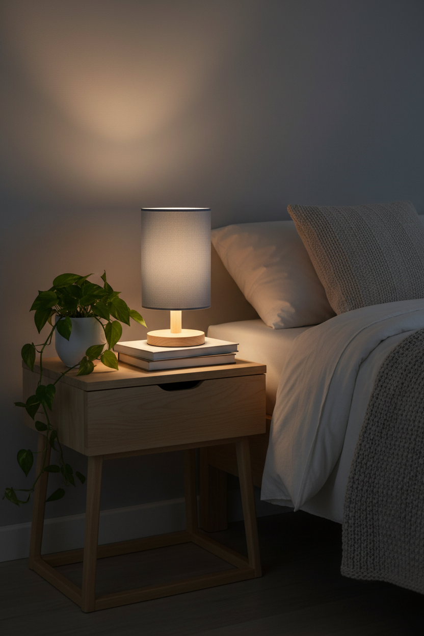 Lámpara sobremesa madera pino tela gris E14 Bela Strühm en dormitorio nórdico minimalista