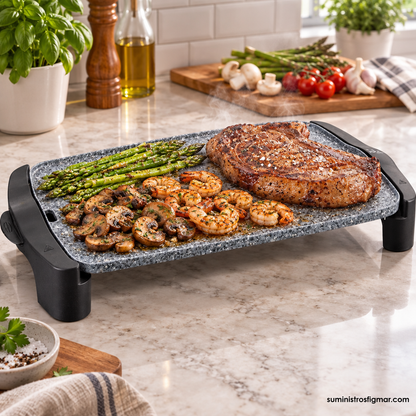 Plancha Jata GR558 de 2500 W con carne, gambas, espárragos y champiñones, imagen de Suministros Figmar