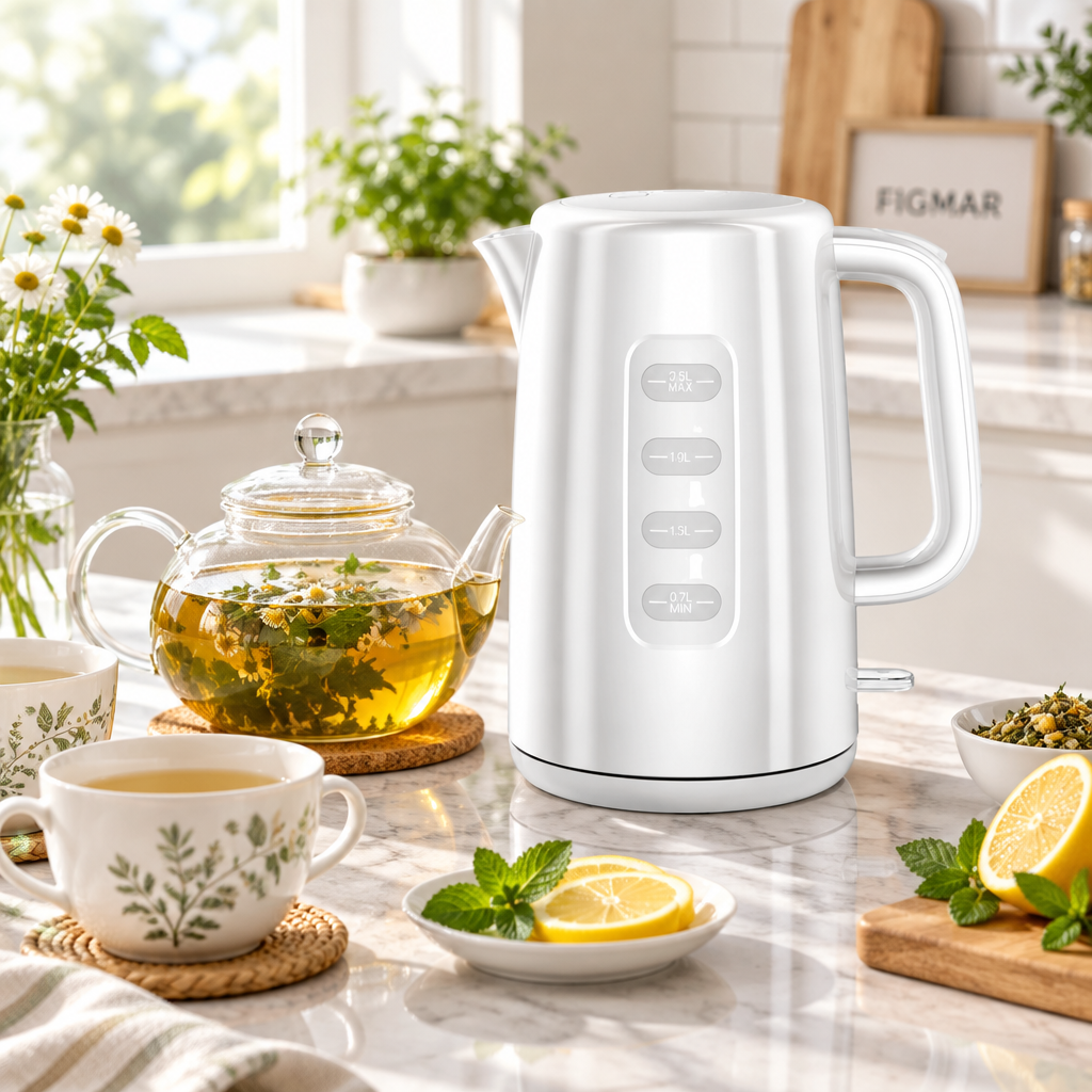 Hervidor de agua Hulex blanco en una cocina luminosa junto a una tetera con infusión y limón