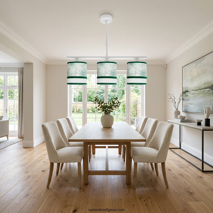 Recreación de lámpara Caledonia blanca y verde de 55 cm y tres luces E14 en comedor