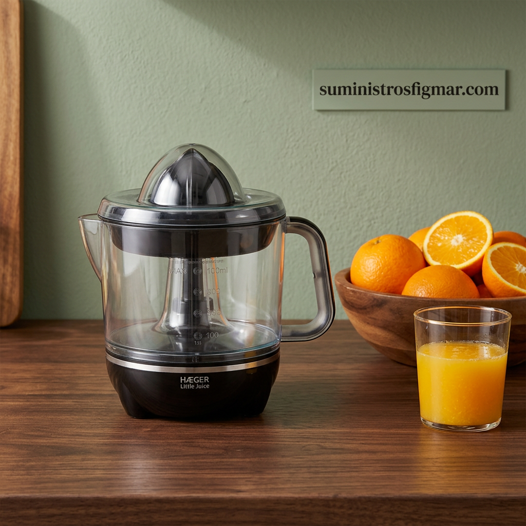 Exprimidor Haeger Little Juice negro en cocina verde. Escena ilustrativa.