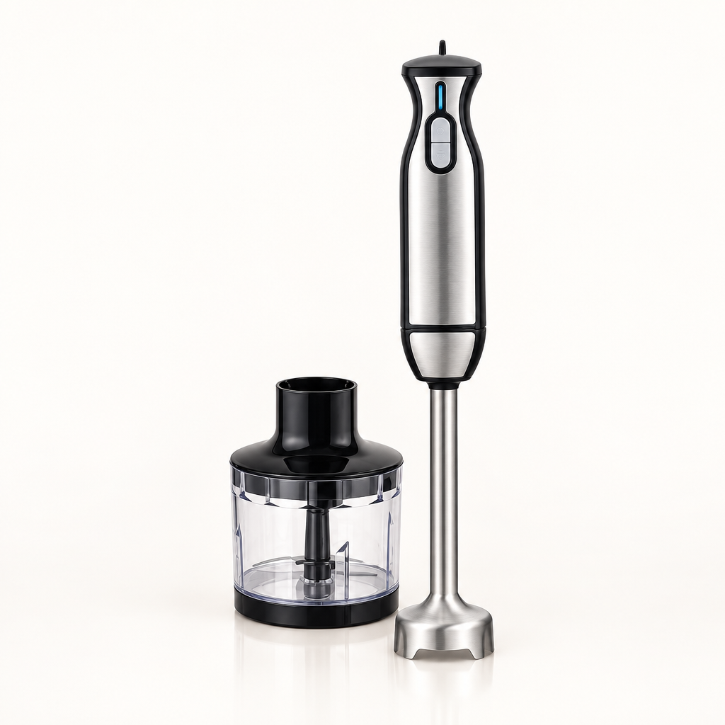 Batidora de mano HAEGER Extreme Chopper de 1000 W con picadora sobre una superficie clara