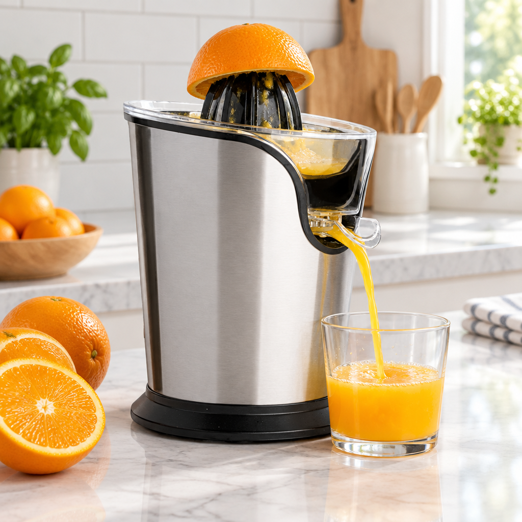 Exprimidor eléctrico Lacor de acero inoxidable exprimiendo una naranja directamente en un vaso