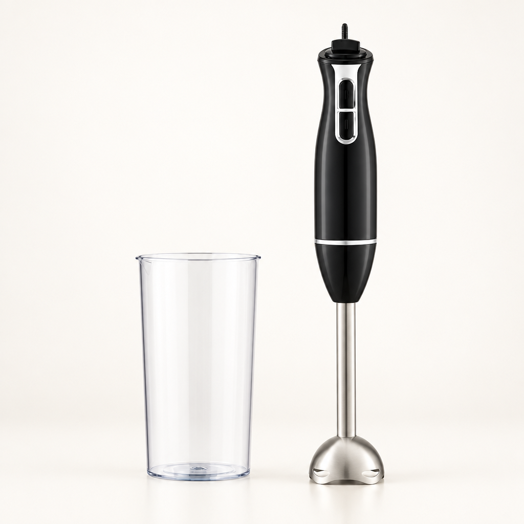 Batidora de mano Baikai negra de 450 W con vaso mezclador sobre una superficie clara