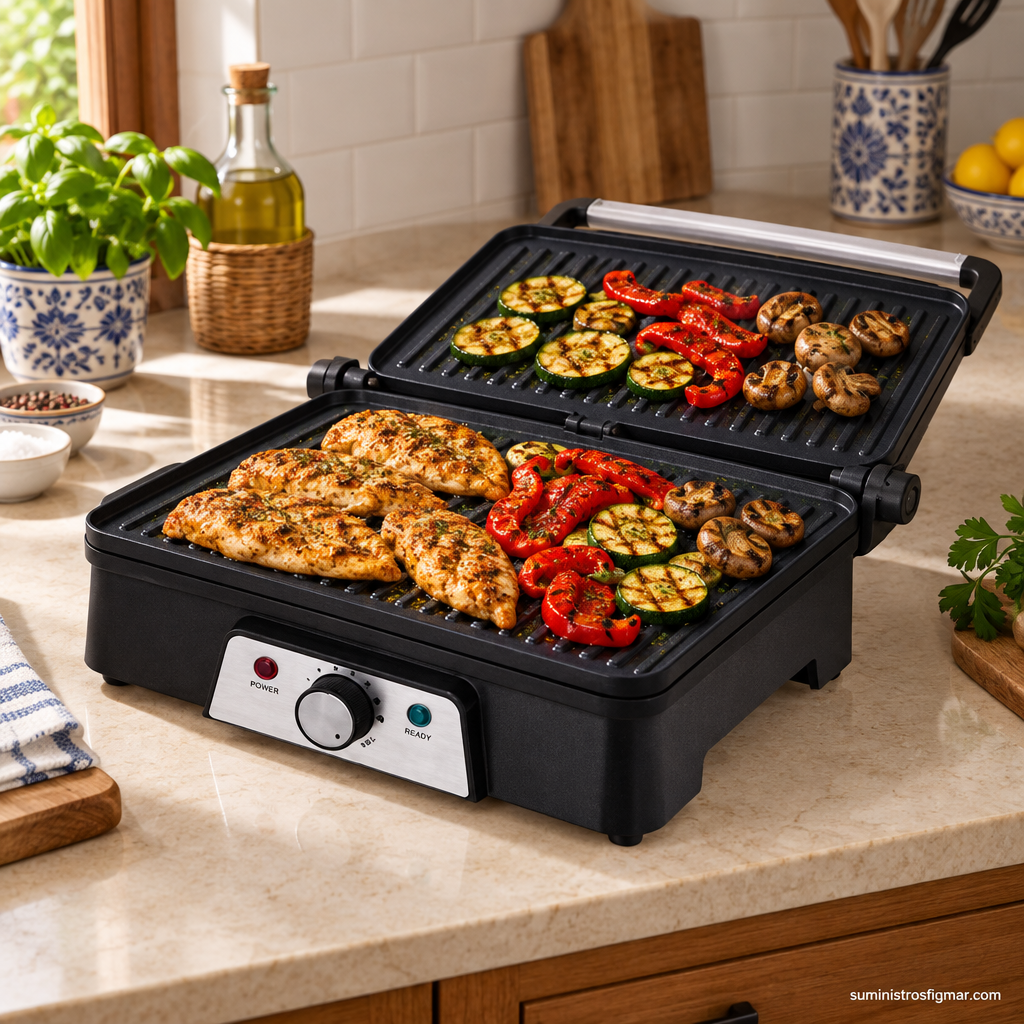 Grill Embrujo negro de 1600 W abierto con pollo, pimientos, calabacín y champiñones, imagen de Suministros Figmar