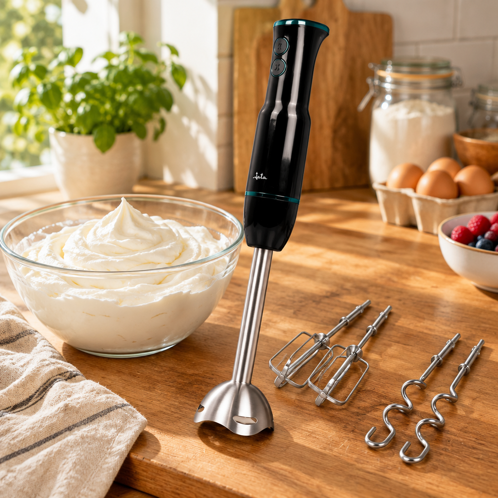 Batidora de mano JATA 500 W con varillas junto a un bol de crema batida