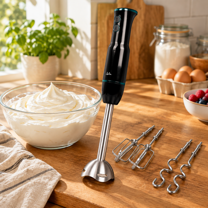 Batidora de mano JATA 500 W con varillas junto a un bol de crema batida