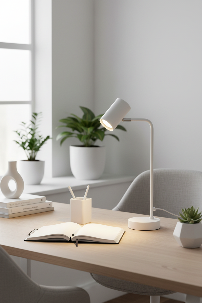 Lámpara escritorio minimalista blanca GU10 Marley Trio Lighting en despacho nórdico