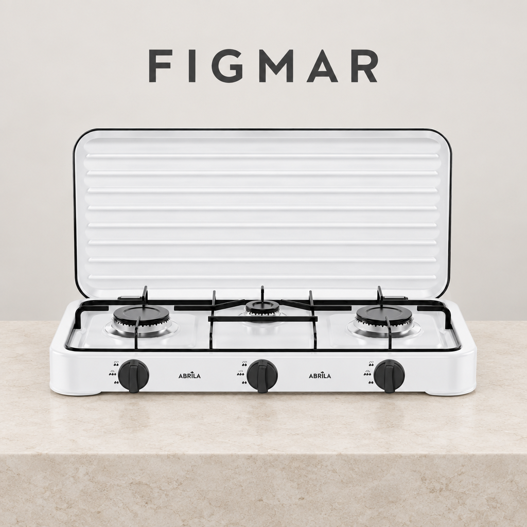 Cocina Foster blanca de tres quemadores con fondo Figmar