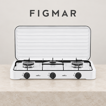 Cocina Foster blanca de tres quemadores con fondo Figmar
