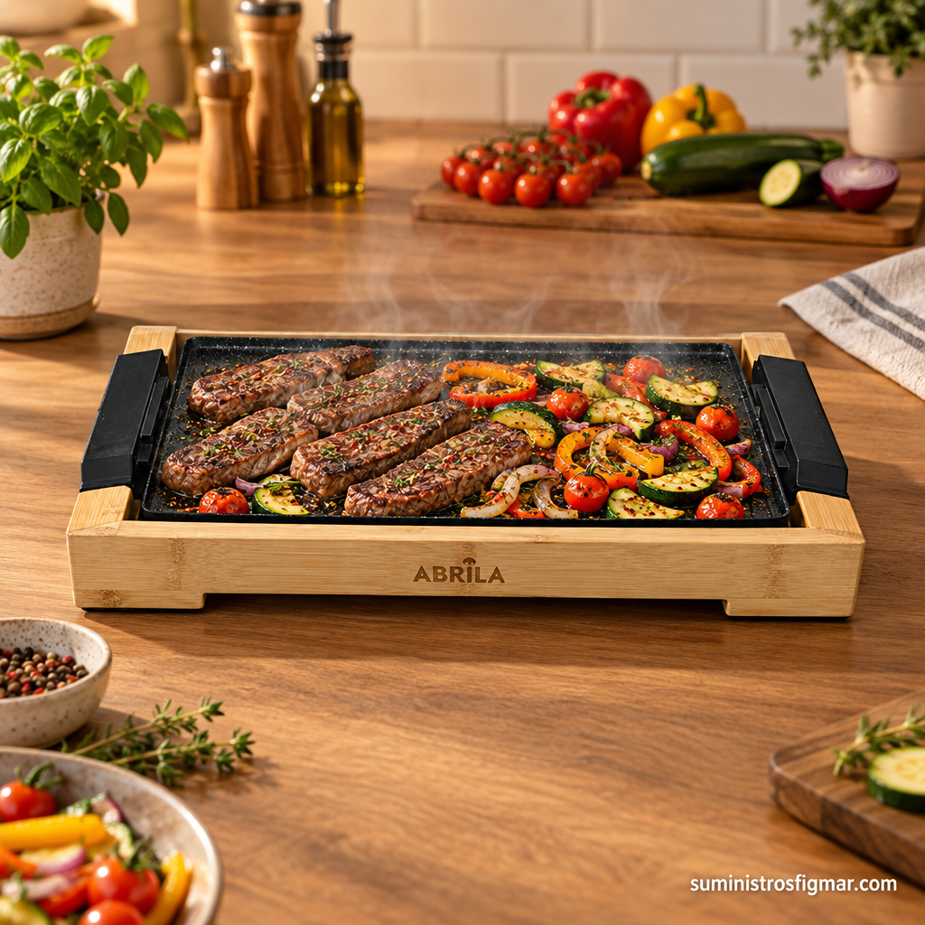 Plancha Ozuki de 2000 W cocinando tiras de carne, pimientos, cebolla, calabacín y tomates, imagen de Suministros Figmar
