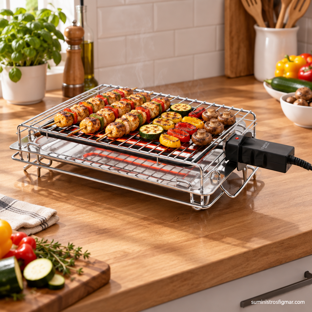 Parrilla Haeger New Alabama de 2400 W con pollo, pimientos y verduras a la parrilla, imagen de Suministros Figmar