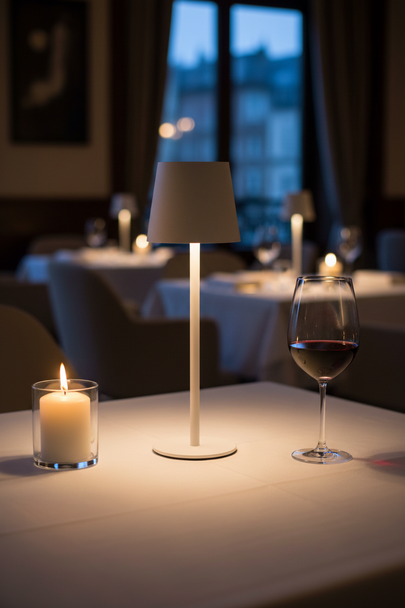 Lámpara sobremesa LED recargable blanca Vannie Globo Lighting encendida en mesa de restaurante elegante