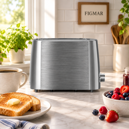 Escena ilustrativa de tostador gris/plata de dos ranuras en cocina con FIGMAR al fondo