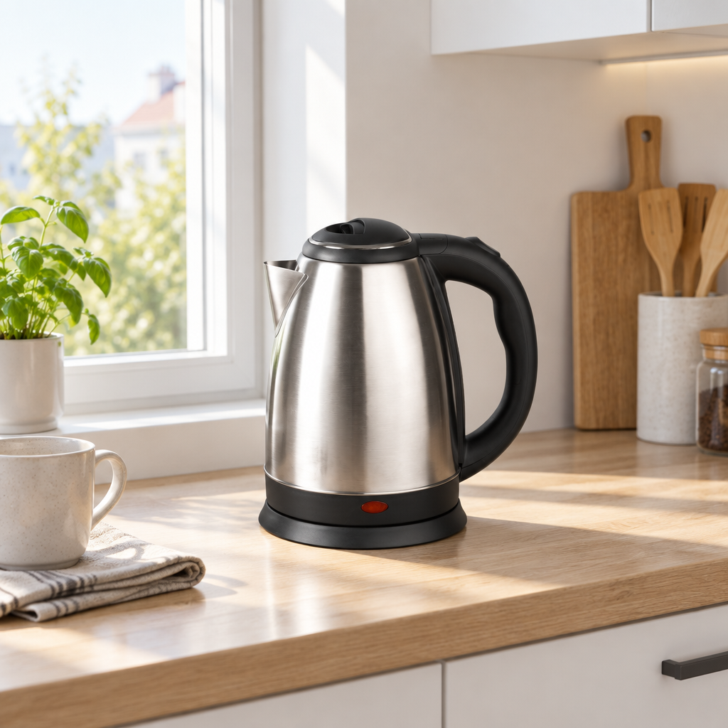 Hervidor eléctrico Flox 1,8 L negro/plata sobre encimera de cocina moderna junto a una ventana
