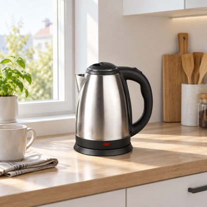 Hervidor eléctrico Flox 1,8 L negro/plata sobre encimera de cocina moderna junto a una ventana