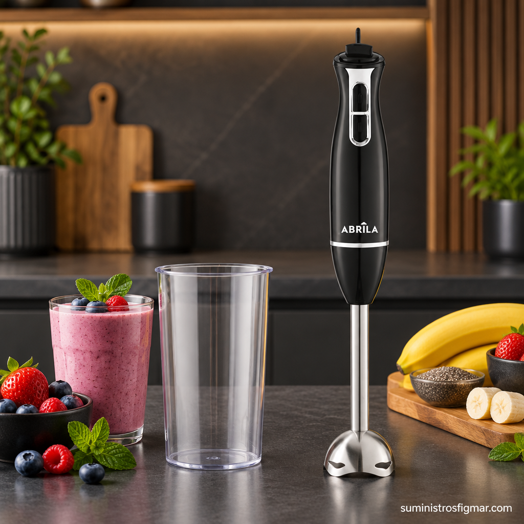 Batidora de mano Baikai negra de 450 W junto a su vaso mezclador en una cocina moderna, imagen de Suministros Figmar