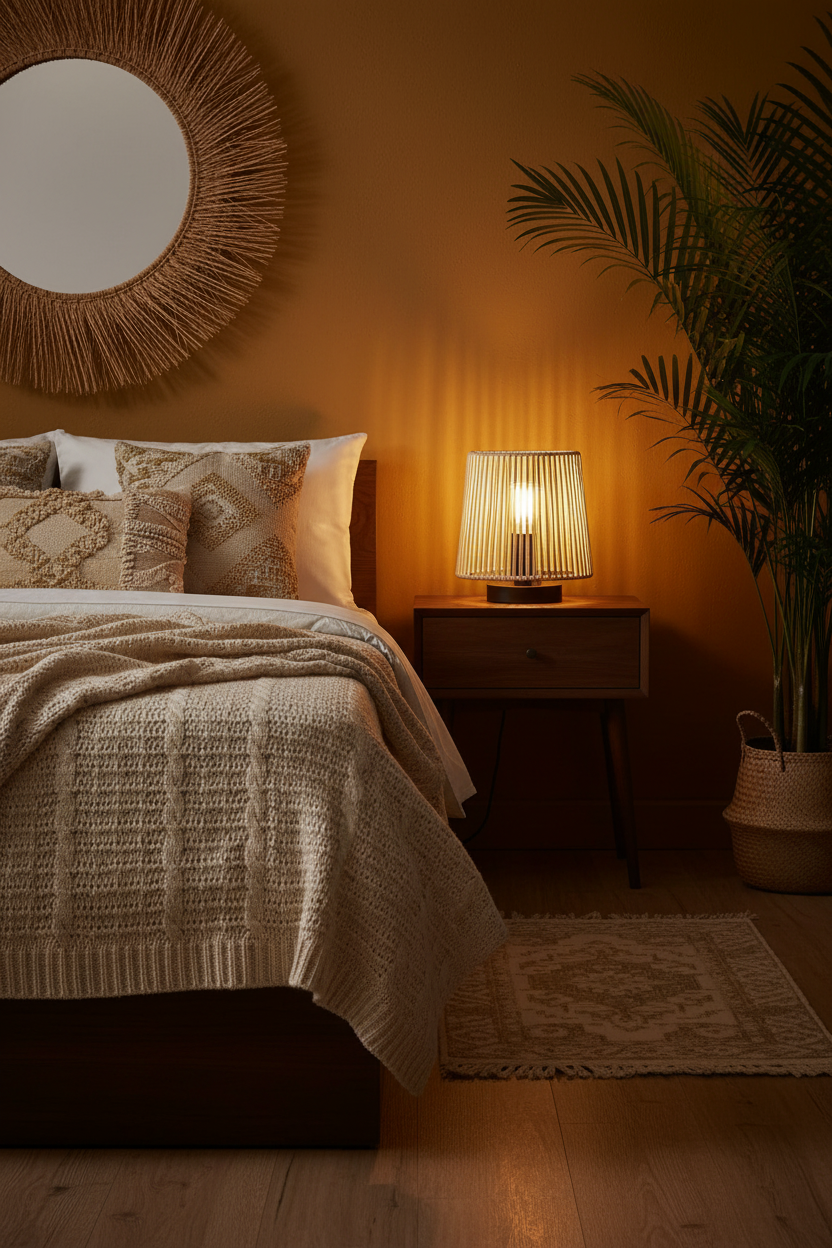 Lámpara sobremesa cordón seda arena tejida Manila Jueric encendida en dormitorio boho-chic sofisticado