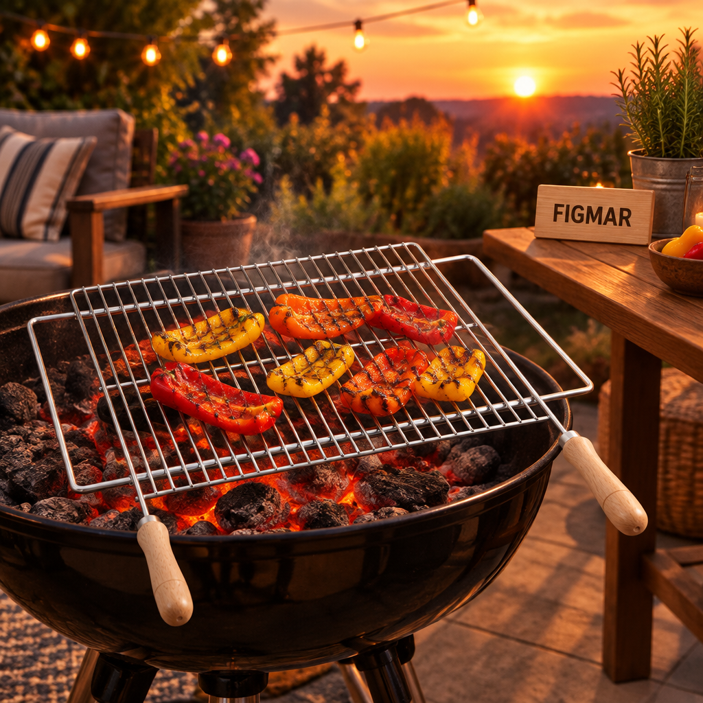 Escena ilustrativa de parrilla extensible inoxidable Sauvic 2815 en patio al atardecer con cartel Figmar