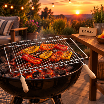 Escena ilustrativa de parrilla extensible inoxidable Sauvic 2815 en patio al atardecer con cartel Figmar