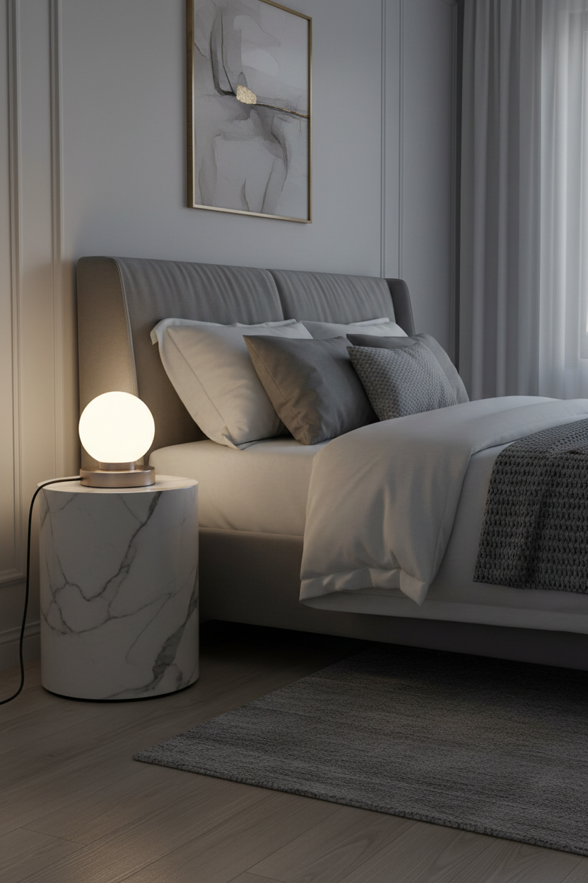 Lámpara sobremesa esfera vidrio opal níquel mate E14 Prinz II Trio Lighting en dormitorio contemporáneo elegante