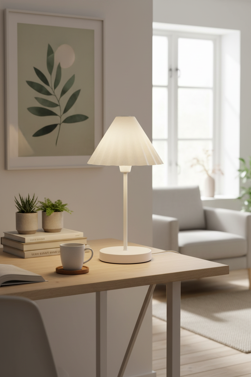 Lámpara sobremesa papel maché plisada blanca E14 Eco Pulp Decor Ledvance en salón escandinavo