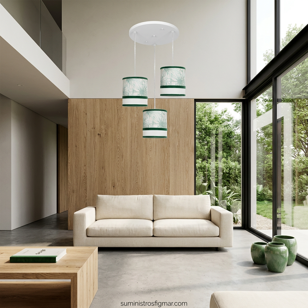 Recreación del plafón Caledonia de tres luces E27 en un salón de tonos naturales
