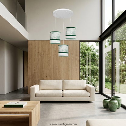 Recreación del plafón Caledonia de tres luces E27 en un salón de tonos naturales
