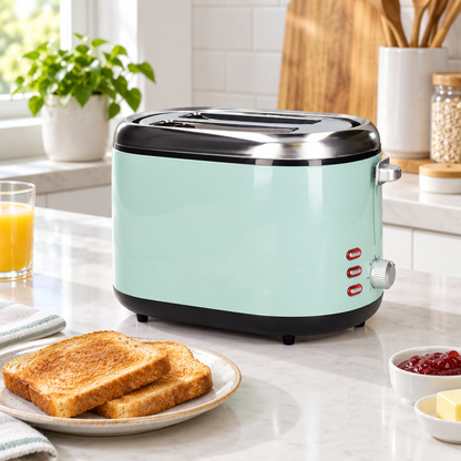 Tostador Sindae Valine verde menta con rebanadas de pan tostado en una cocina