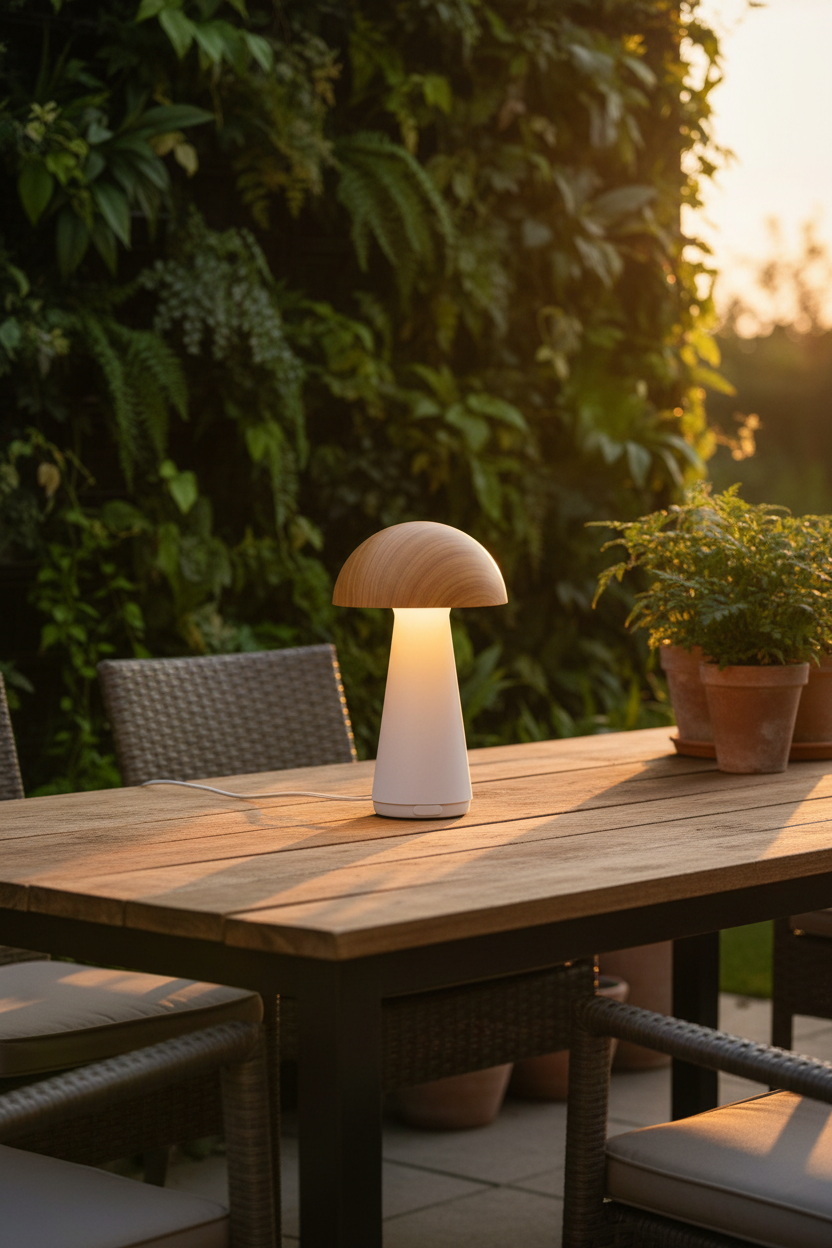 Lámpara sobremesa exterior LED blanco haya Nepal Jueric encendida en terraza de jardín al atardecer