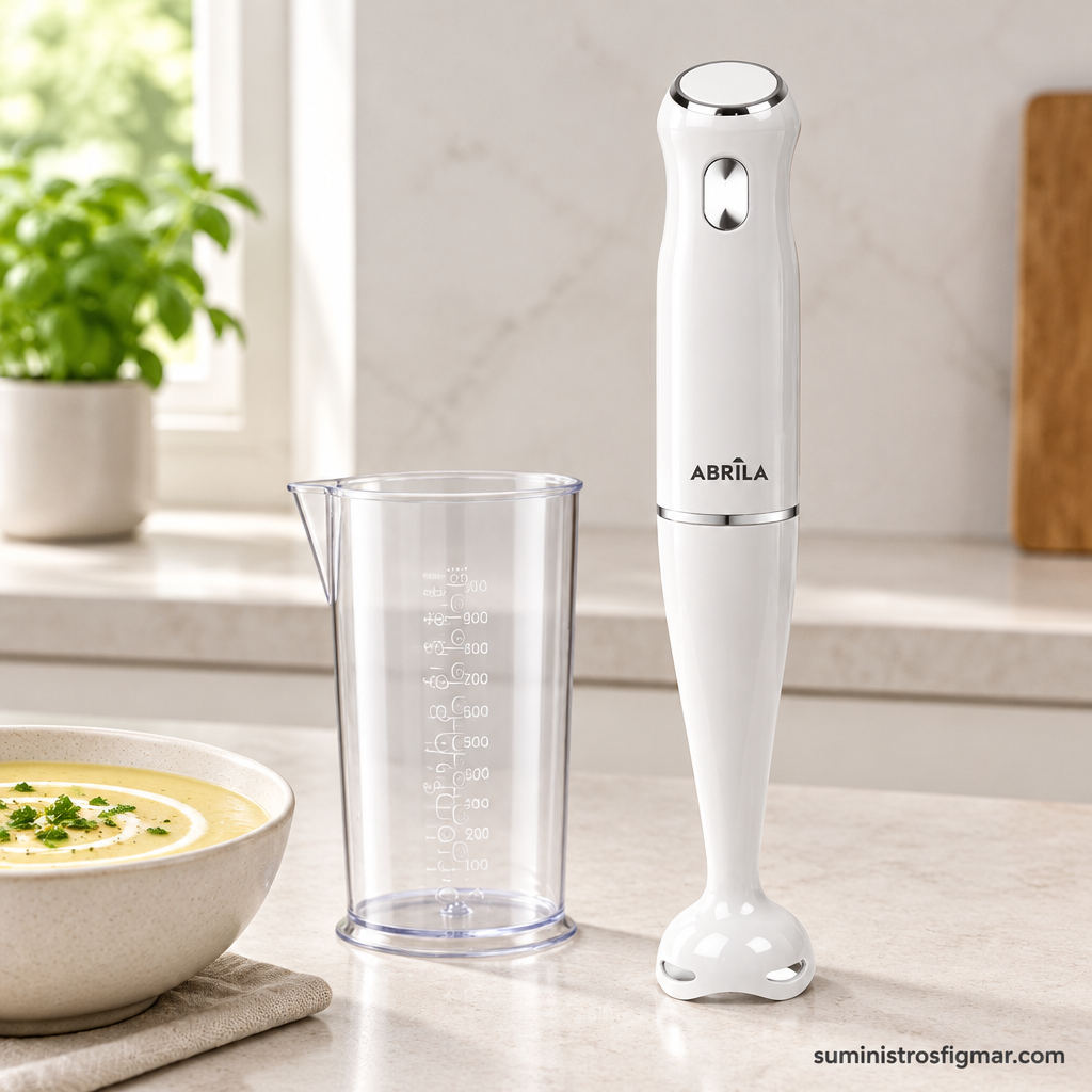 Batidora de mano Tigris blanca de 1000 W junto a su vaso mezclador, destacando el asa ergonómica, imagen de Suministros Figmar
