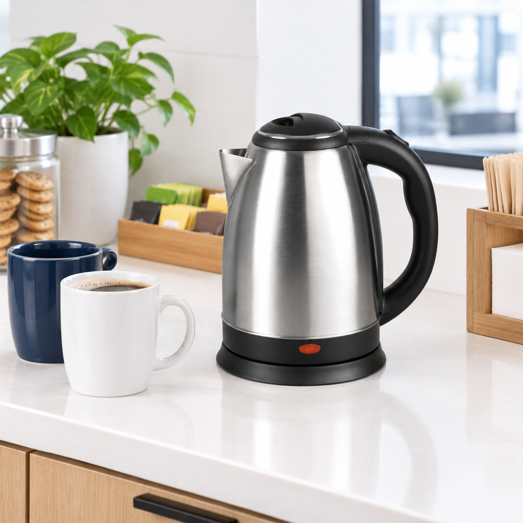 Hervidor eléctrico Flox 1,8 L negro/plata en un office de oficina junto a tazas de café