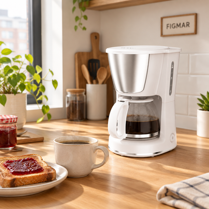 Cafetera de goteo Wanda blanca en una cocina con desayuno de café y tostada con mermelada