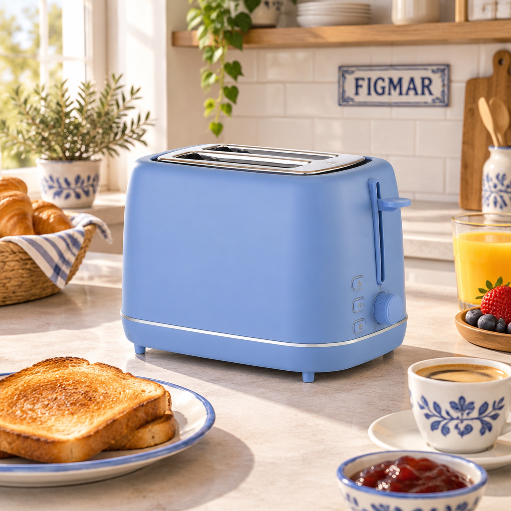 Escena ilustrativa de tostador azul de dos ranuras en cocina con FIGMAR al fondo