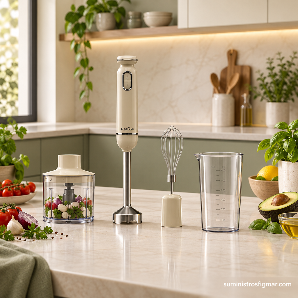 Batidora de mano Kent beige de 600 W con sus accesorios en una cocina moderna, imagen de Suministros Figmar