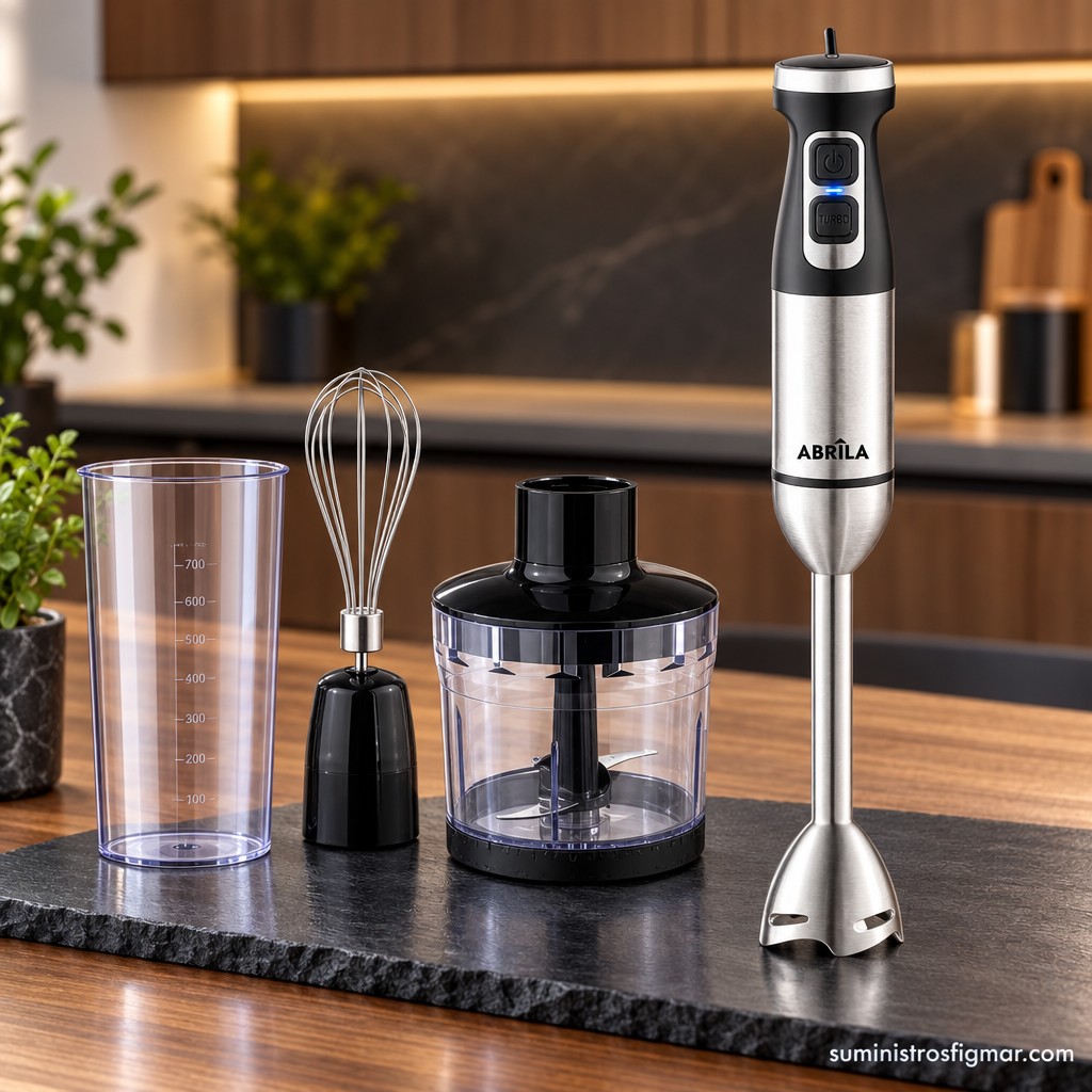 Batidora de mano Onega de 1700 W junto al vaso, picadora, batidor e indicador luminoso LED, imagen de Suministros Figmar